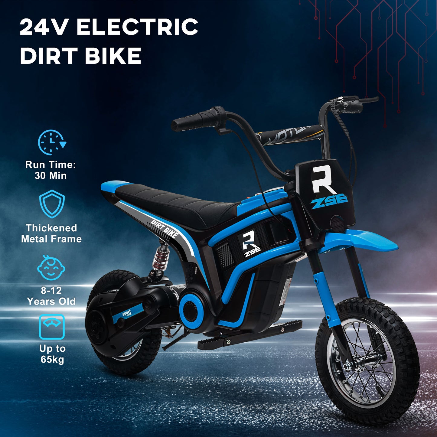 HOMCOM 24V Electric Motorbike with Twist Grip Throttle, Music, Horn, 12" Pneumatic Tyres, 16km/h Max Speed - Blue