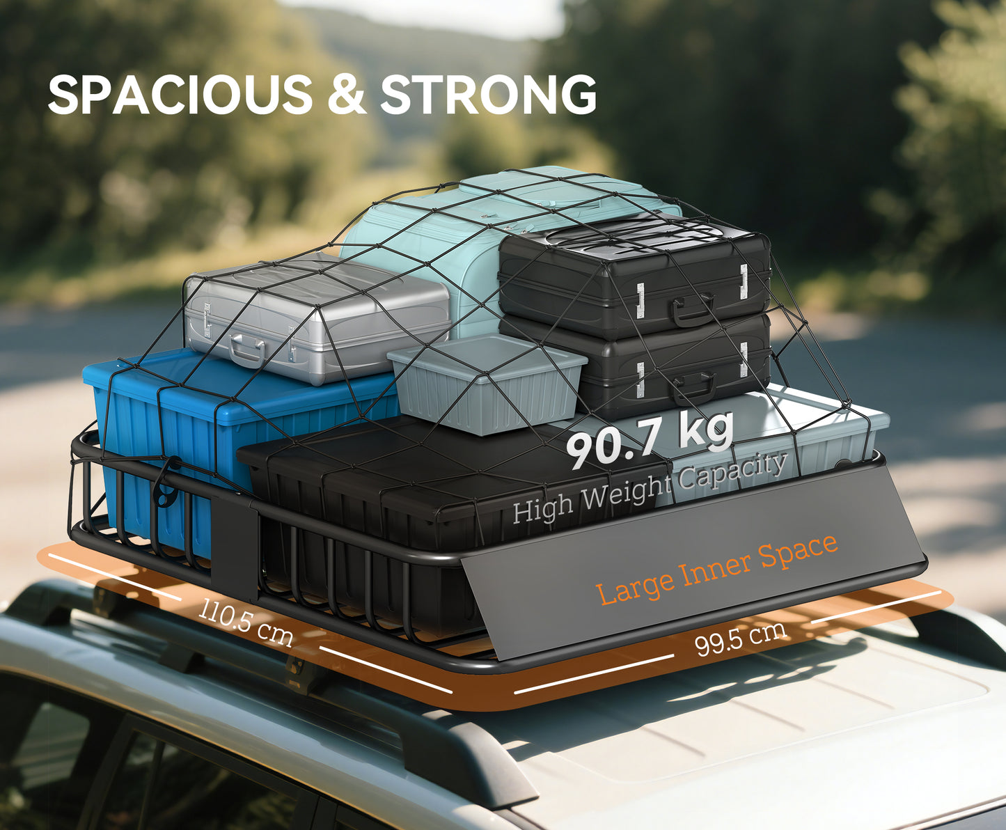 HOMCOM Roof Rack Basket Tray, 90.7 kg Steel Cargo Carrier with Wind Fairing & Side Rails for Vehicles, 110.5 x 99.5 x 18.5 cm, Black