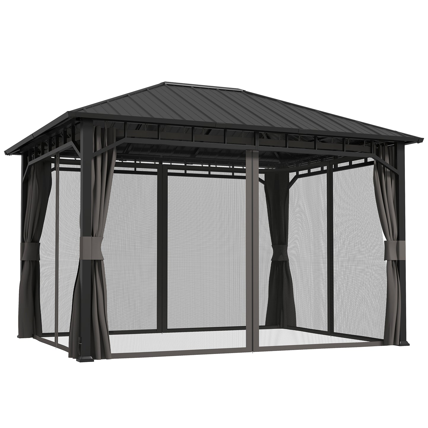 Outsunny 3 x 4m Hardtop Gazebo, Galvanised Steel Roof, Curtains, Netting, Waterproof Permanent Pavilion for Patio/Deck, with Water Gutter