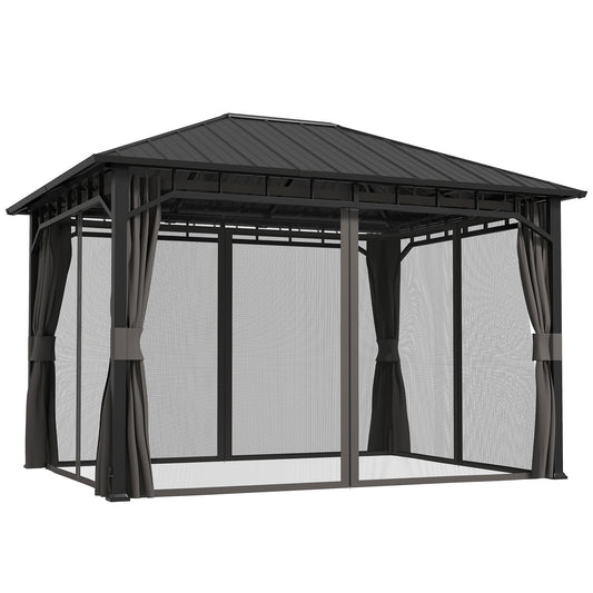 Outsunny 3 x 4m Hardtop Gazebo, Galvanised Steel Roof, Curtains, Netting, Waterproof Permanent Pavilion for Patio/Deck, with Water Gutter