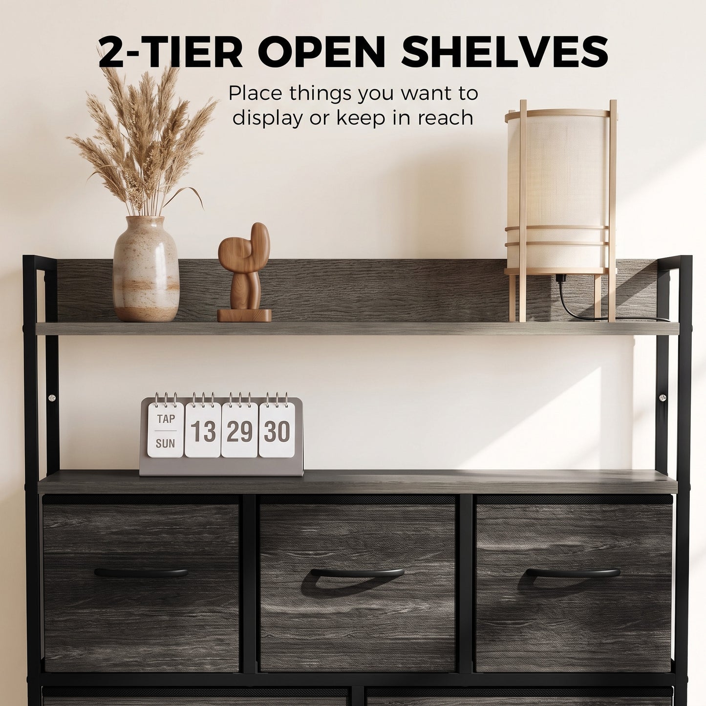 HOMCOM Chest of Drawers, Bedroom Fabric Dresser with 7 Drawers, Storage Organiser Unit with Open Shelves, Grey Wood-Effect