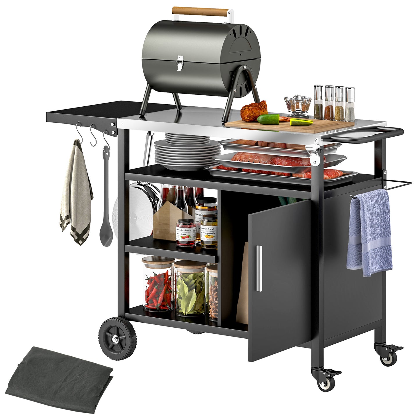Outsunny Outdoor BBQ Trolley, Stainless Steel Top, Foldable Side Table, Wheels, Hooks, Shelves, Cabinet, Pizza Oven Table, Cover, Black