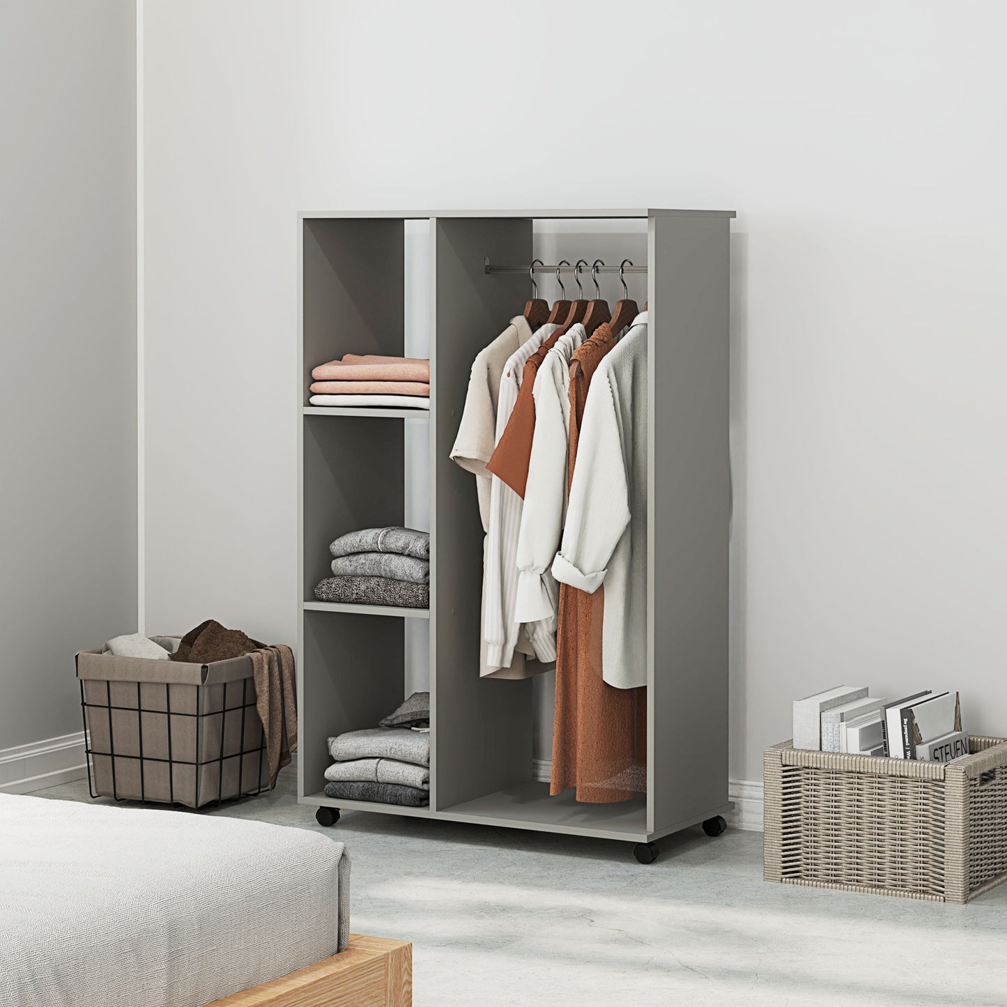 HOMCOM Open Wardrobe on Wheels with Clothes Rail, Bedroom Clothes Storage with Hanging Rod