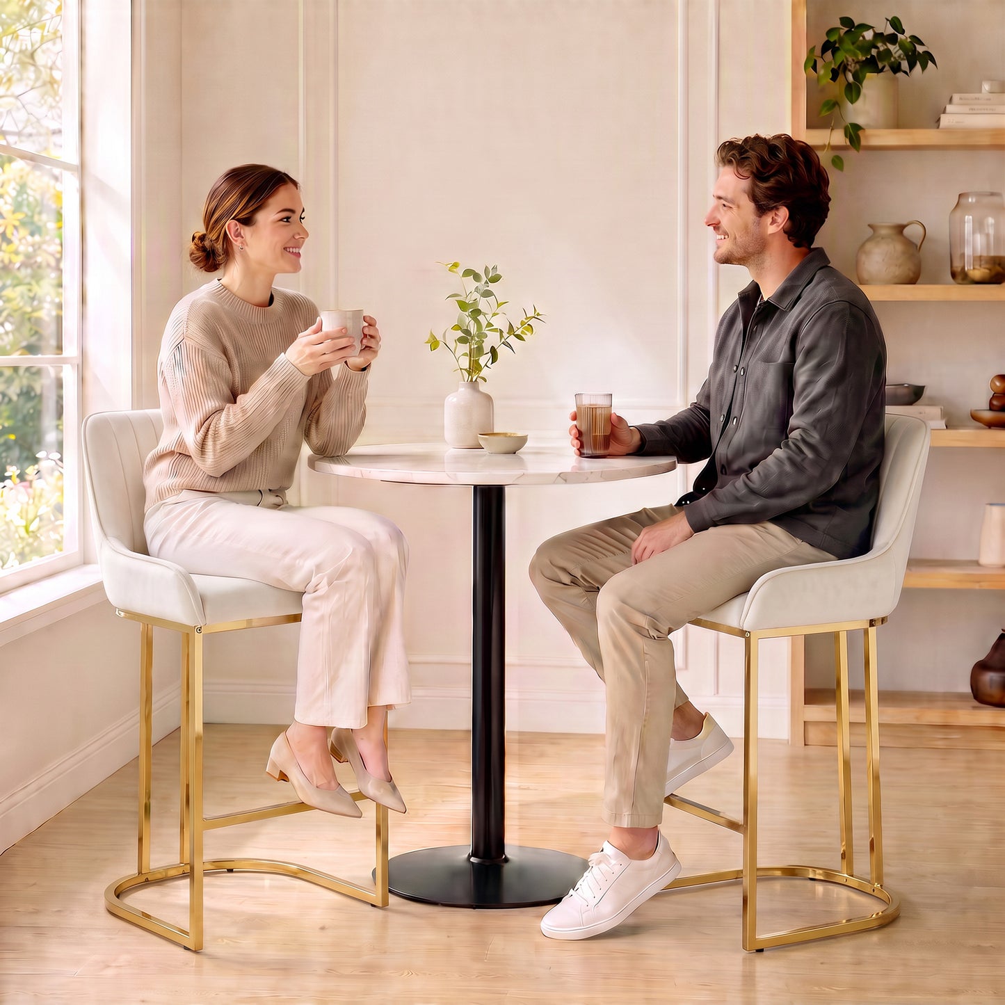 HOMCOM Bar Stools Set of 2 with Backrest, Footrest, Gold Electroplated Legs for Kitchen Island, Dining Room, Cream White
