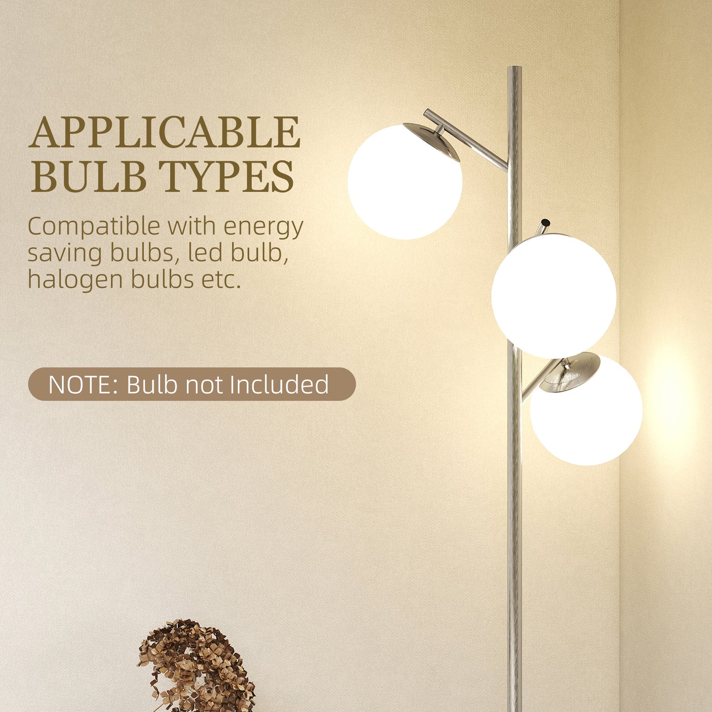 HOMCOM Modern 3-Light Tree Floor Lamp with Globe Lampshades, for Living Room and Bedroom, Steel Base, 3000K-6000K, Silver Tone