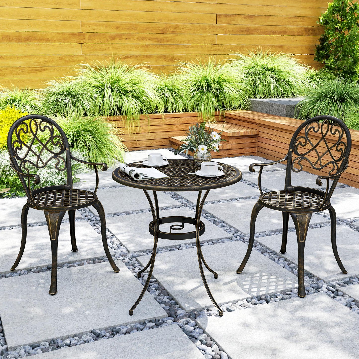 Outsunny 3 Piece Patio Bistro Set for 2, Outdoor Aluminium Garden Table and Chairs with Adjustable Footpads for Balcony, Garden and Patio, Bronze Tone