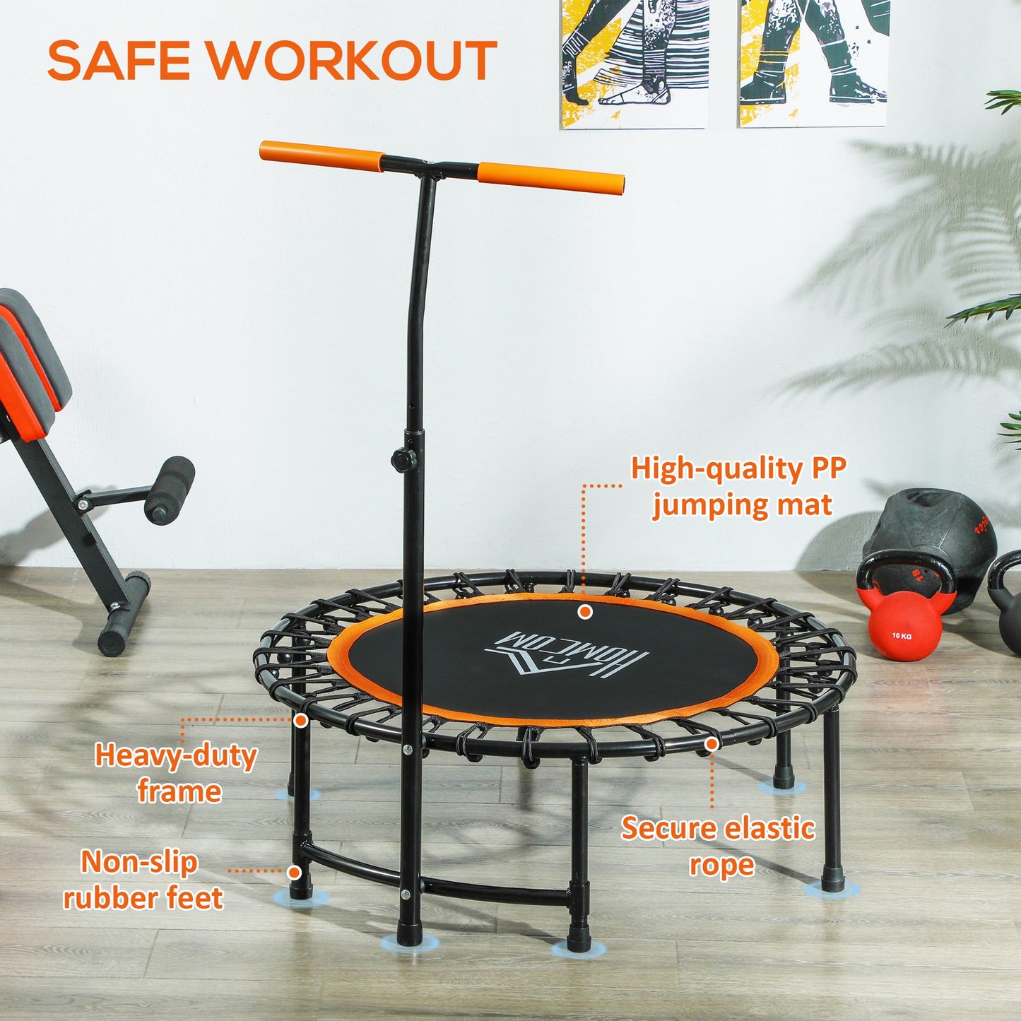 HOMCOM 40" Fitness Trampoline with Adjustable Handle, Support Up to 100kg, Orange