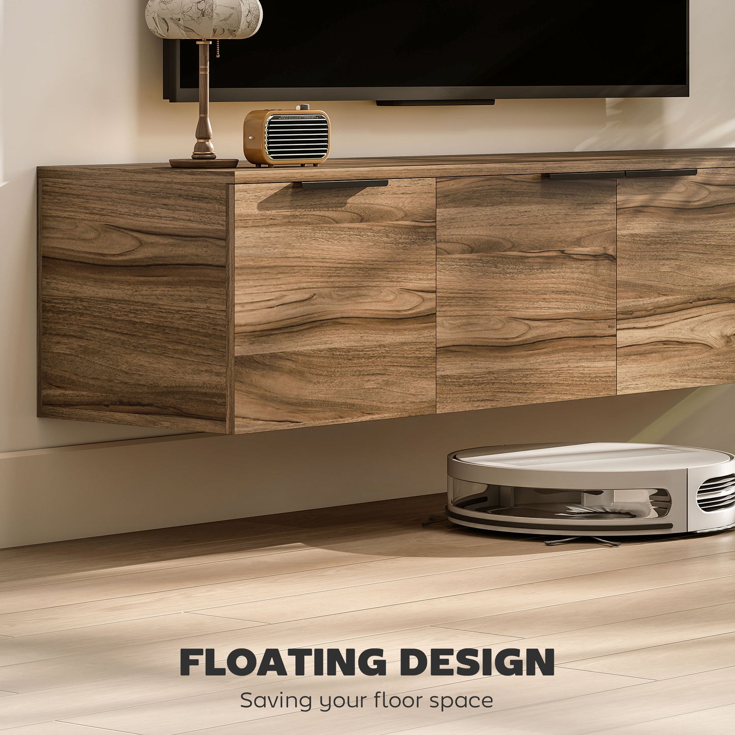 HOMCOM Wall Mounted TV Stand, 150 cm Floating Unit with Shelves and Doors, Media Console for Living Room, Bedroom, Rustic Brown