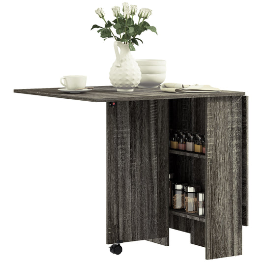 HOMCOM Folding Dining Table, Drop Leaf Table for Small Spaces with 2-tier Shelves, Small Kitchen Table with Rolling Casters, Grey