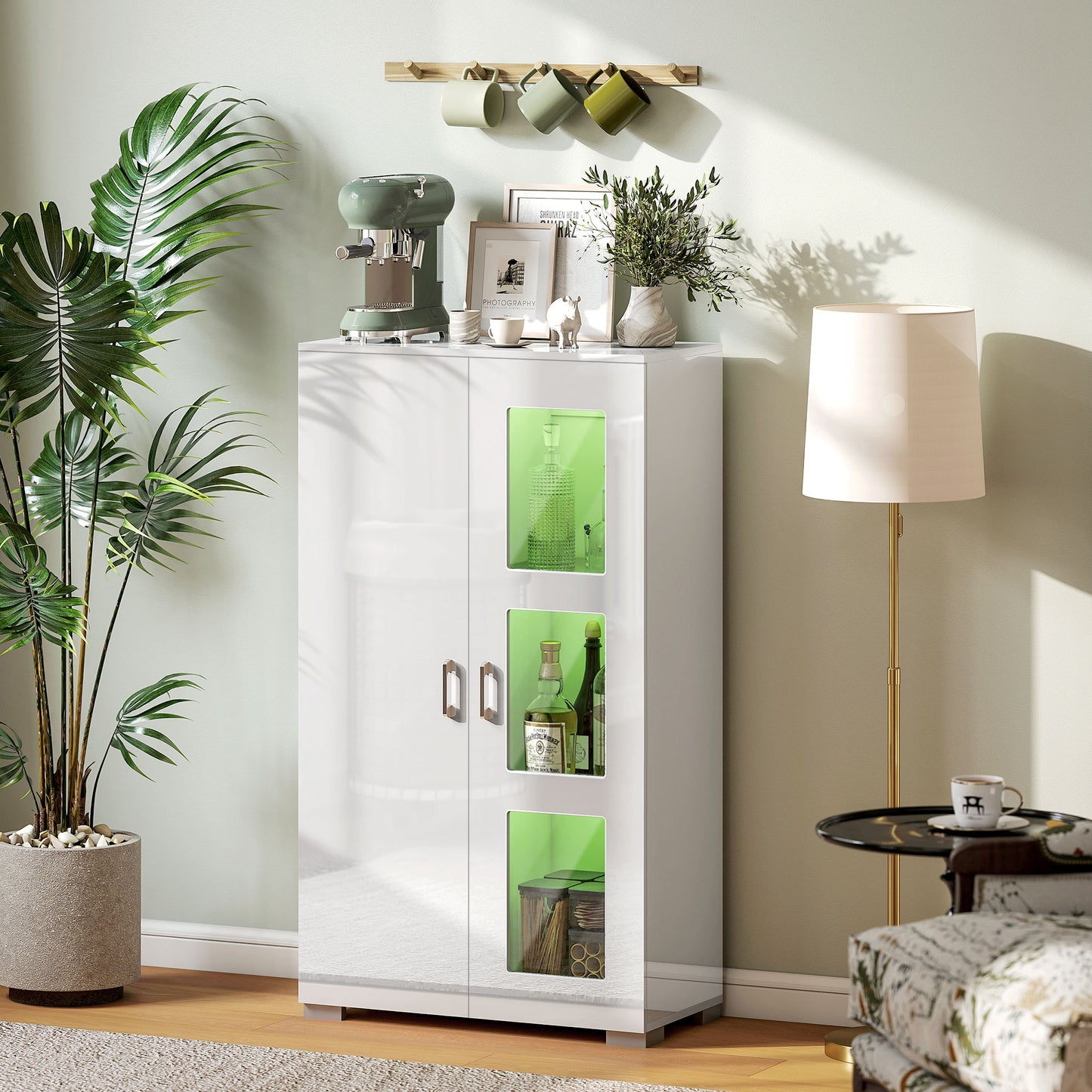 HOMCOM Sideboard, Display Cabinet with 16-Colour RGB LED Lights & Remote, Modern Storage with Glass Doors & Shelves, White