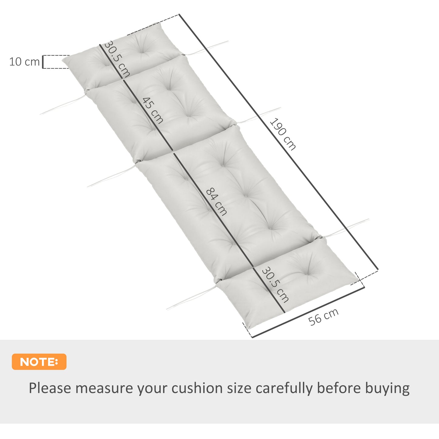 Outsunny Sun Lounger Cushion, 190x56x10cm, UPF20+ Fabric, Replacement with 6 Ties, Light Grey