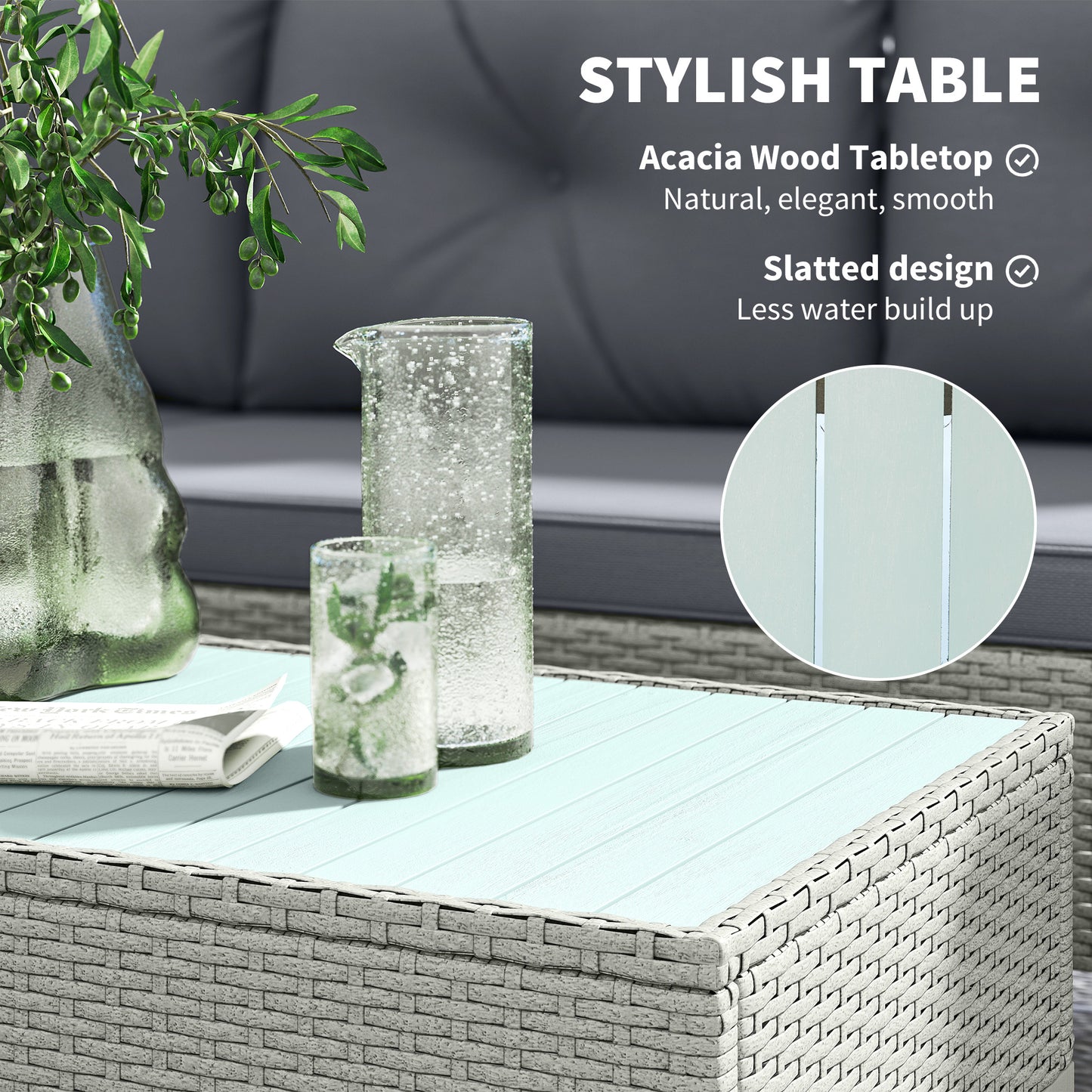 Outsunny 3-Piece Rattan Garden Furniture Set, L-Shaped Chaise Lounge with Wood Top Coffee Table & Thick Cushions, Charcoal Grey