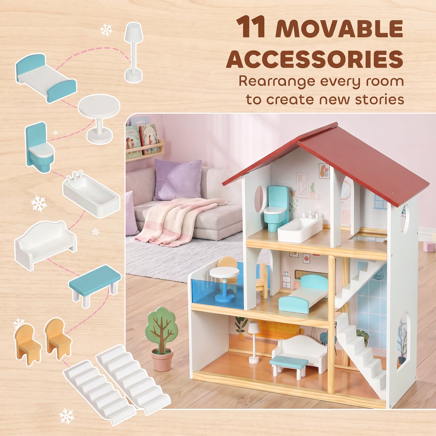 AIYAPLAY Kids Wooden Dolls House, 3-Story Dollhouse with 5 Rooms and 11 Accessories, Pretend Play Gift for Ages 3+, White