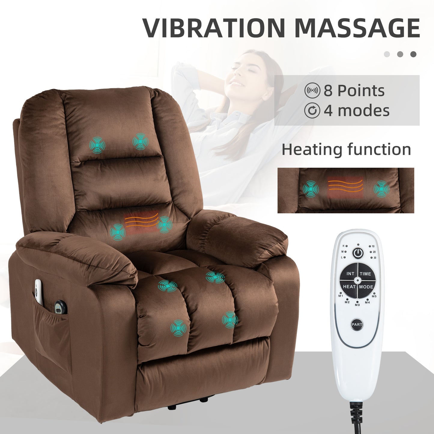 HOMCOM Lift Chair Quick Assembly Electric Riser and Recliner Chair with Vibration Massage Heat Side Pockets Brown