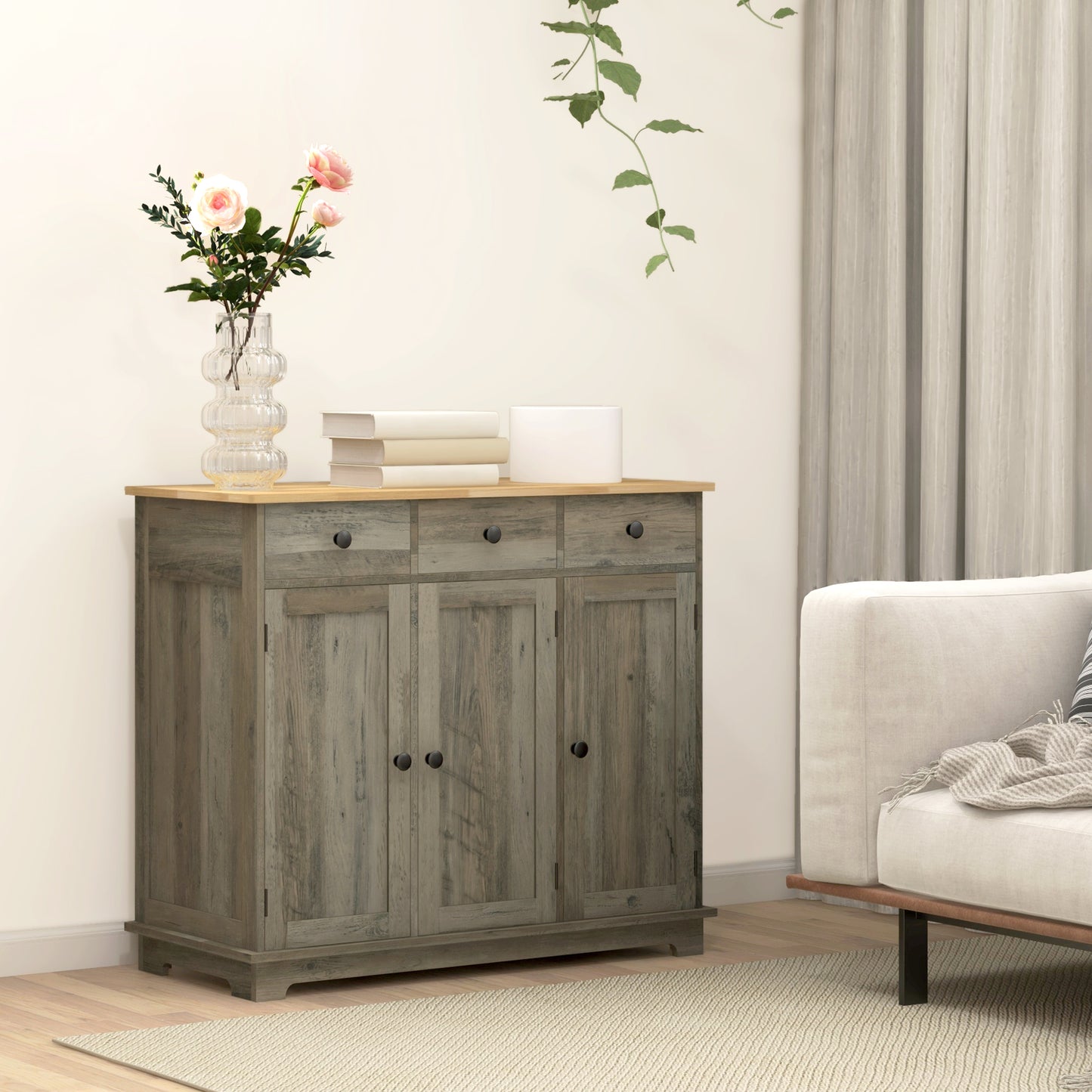 HOMCOM Sideboard with Rubberwood Top, Buffet Cabinet with Storage, Drawers, Adjustable Shelves for Dining Room/Kitchen, Grey Wood-Effect