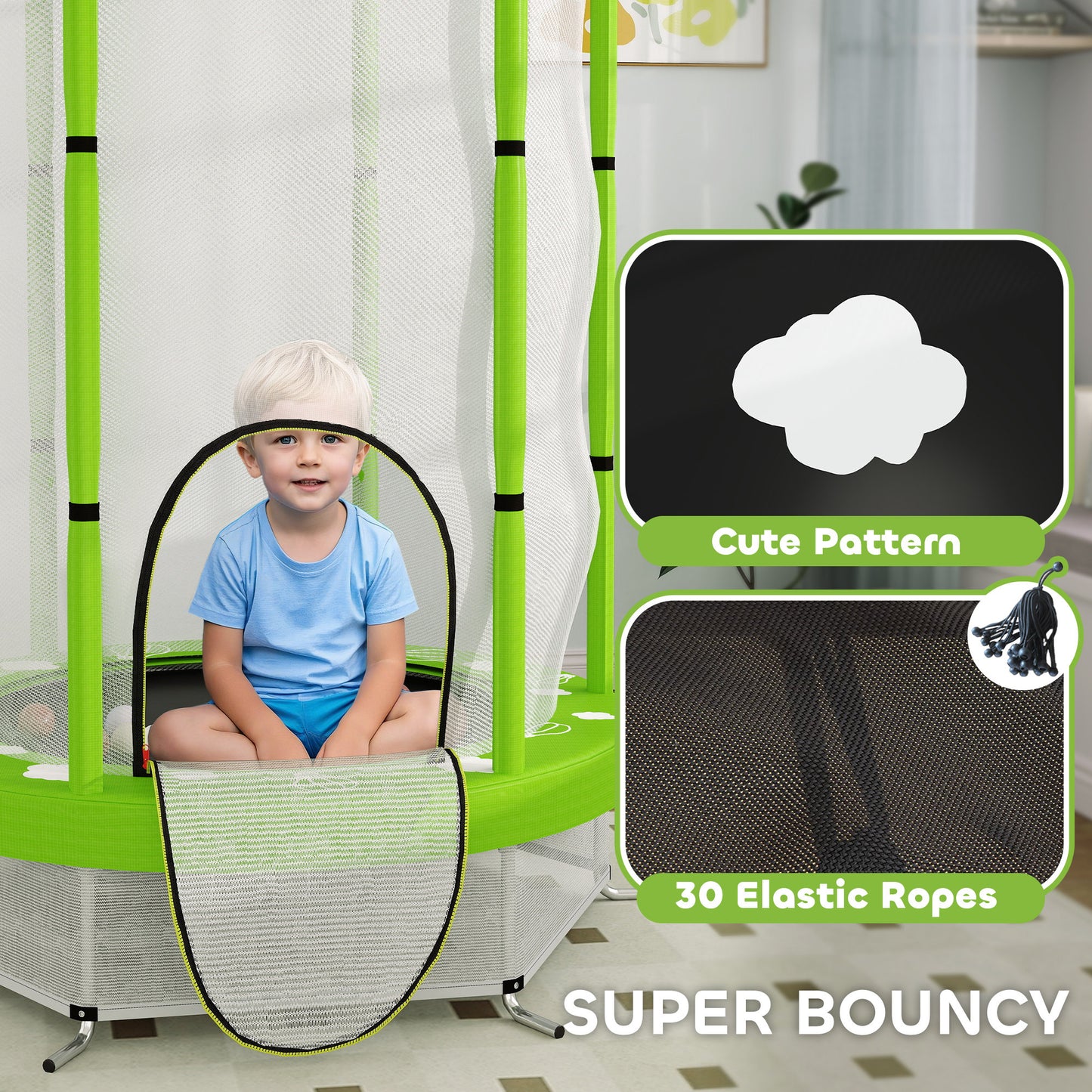 AIYAPLAY 4.6FT Toddler Trampoline w/ Safety Enclosure Net, for Indoor Outdoor Use, Ages 3-6 Years, Cloud Pattern - Green