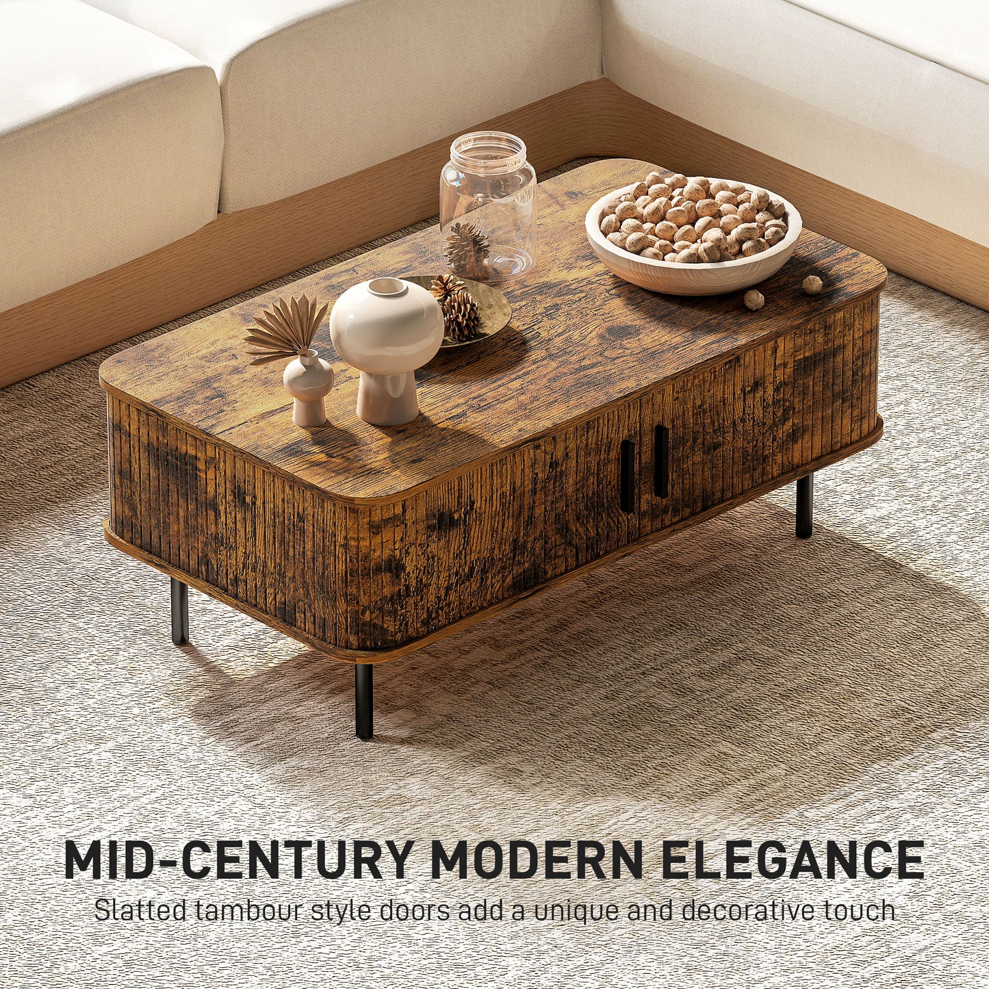 HOMCOM Coffee Table with Storage, Slatted Tambour Sliding Doors, Elevated Base, Foot Pads, Rectangular for Living Room, Rustic Brown