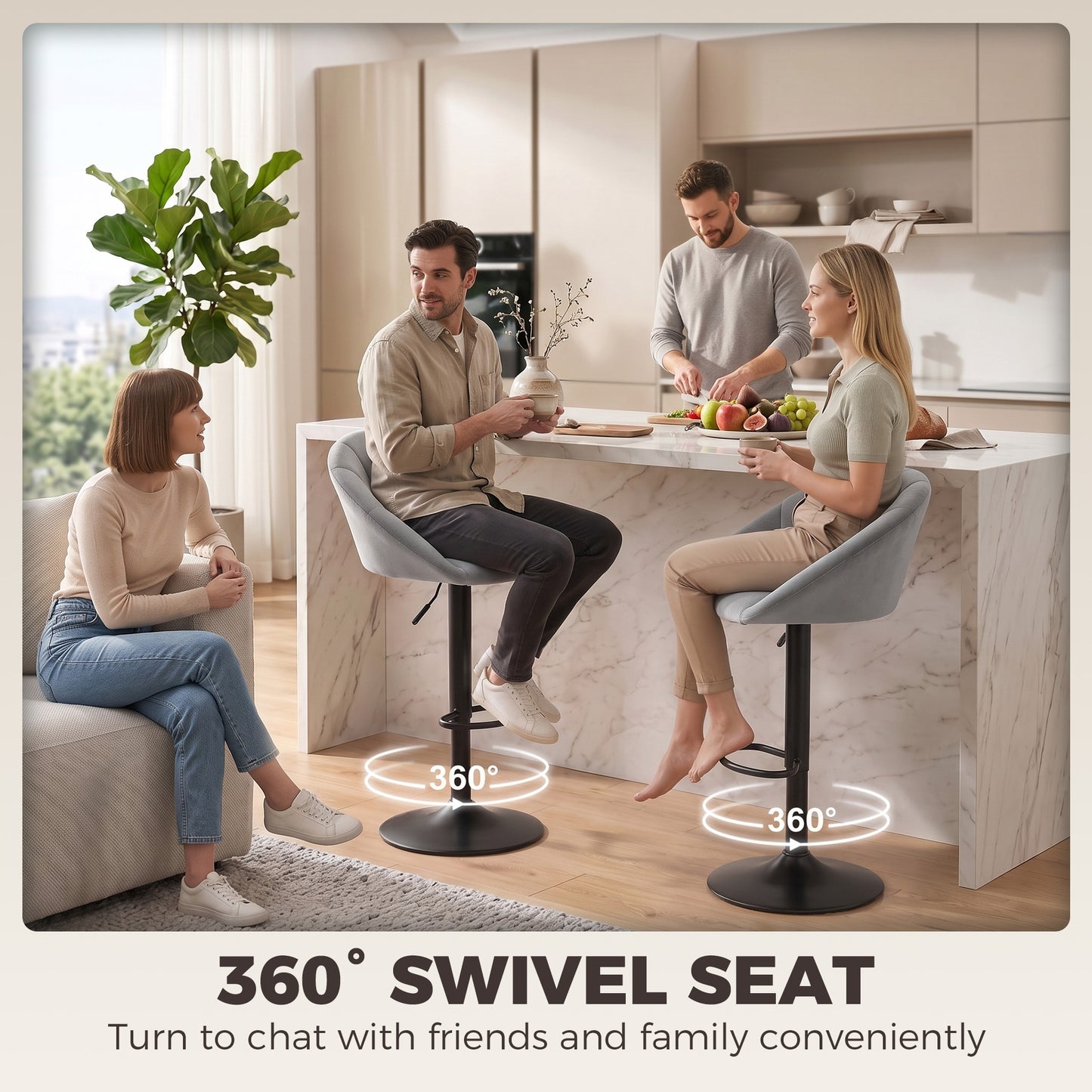 HOMCOM Set of 2 Velvet-Feel Bar Stools, Swivel Adjustable Height Breakfast Bar Chairs with Backrest, Footrest, Quilted Kitchen Stools for Dining Room, Grey