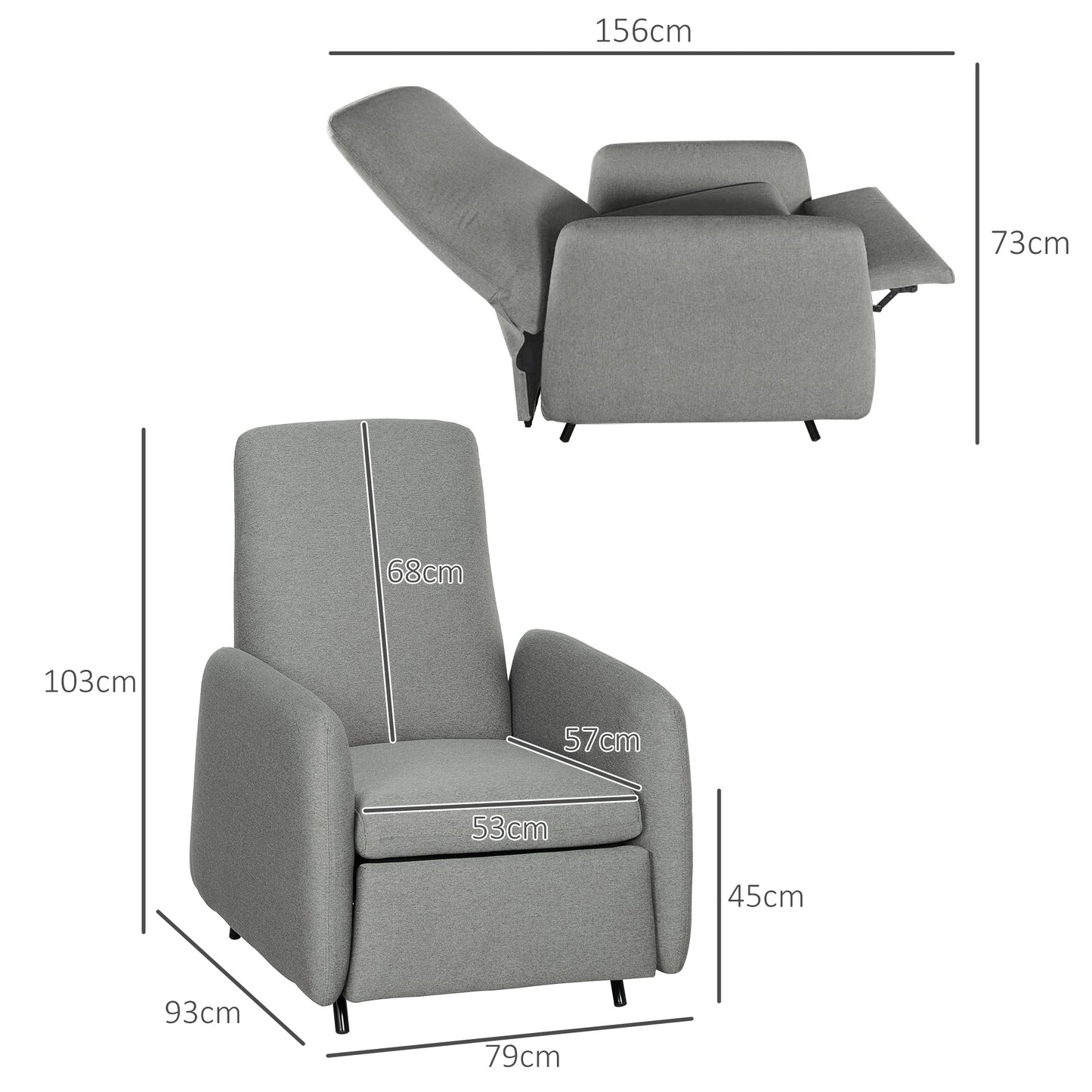 HOMCOM Push Back Recliner Armchair with Leg Rest, Fabric Seat, Grey