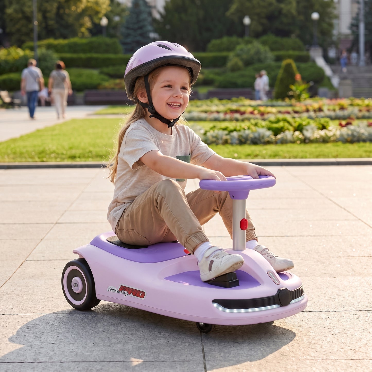 AIYAPLAY 12V Electric Wiggle Car with Pedal, Kids Electric Car with 2 Speeds, Soft Start, Music, Lights for 3-5 Years, Purple