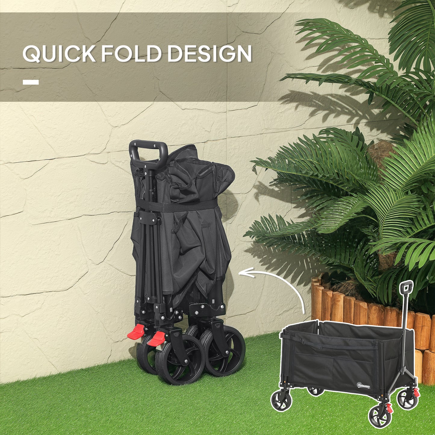 Outsunny Folding Trolley, 150L Collapsible Wagon with Openable Sides, Adjustable Handle, Brakes for Shopping, Camping, Beach, Garden, Black