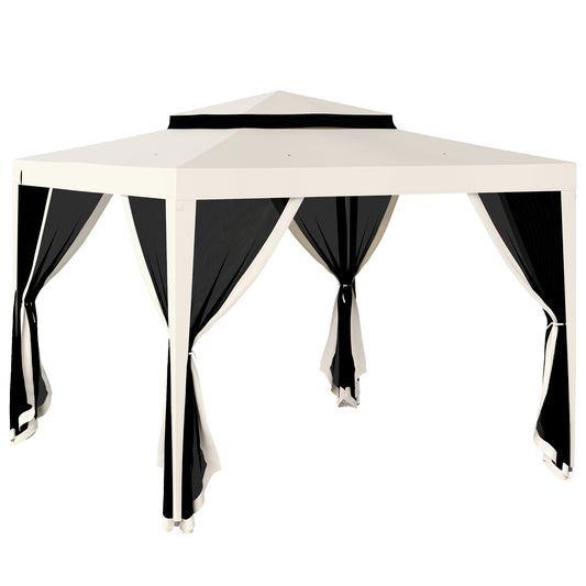 Outsunny 3 x 3 m Gazebo, Netting Party Tent, Patio Canopy Outdoor Event Shelter with Double Tier Roof, Cream White