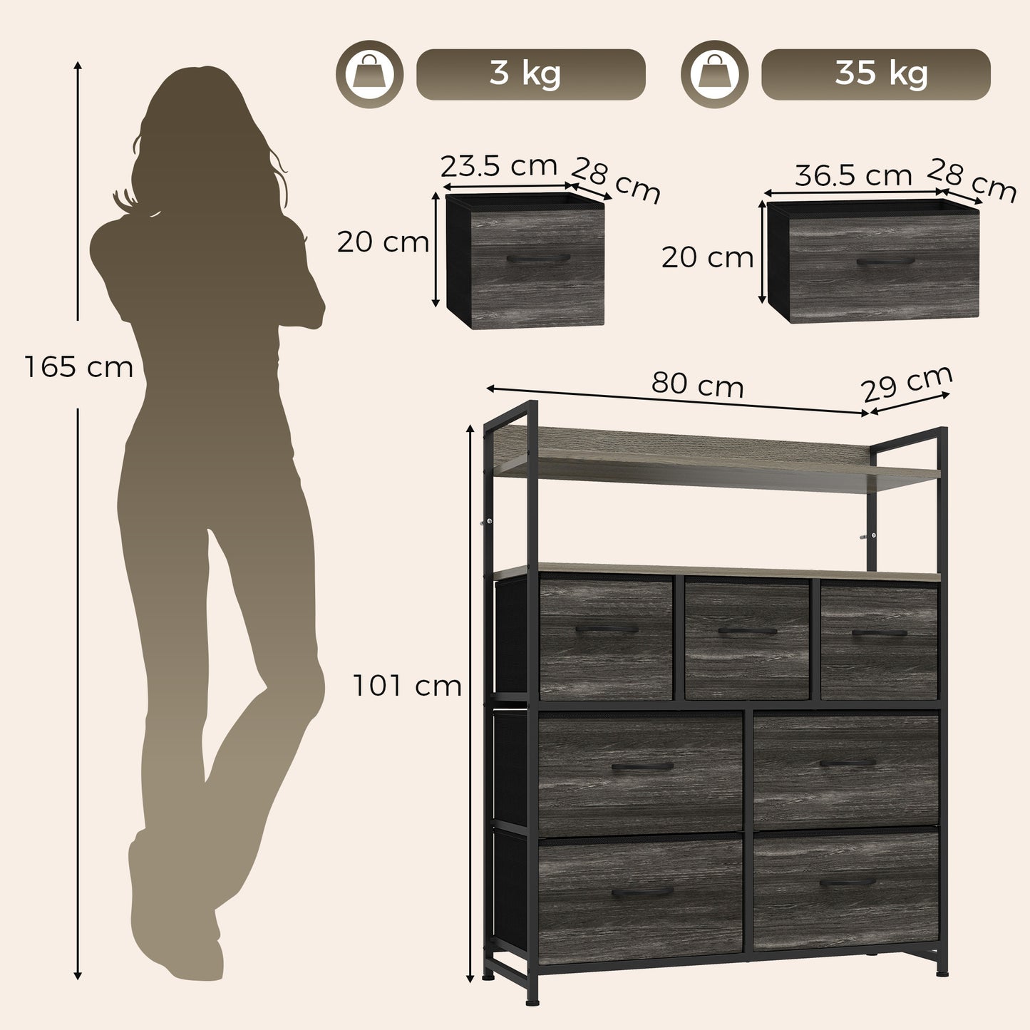 HOMCOM Chest of Drawers, Bedroom Fabric Dresser with 7 Drawers, Storage Organiser Unit with Open Shelves, Grey Wood-Effect