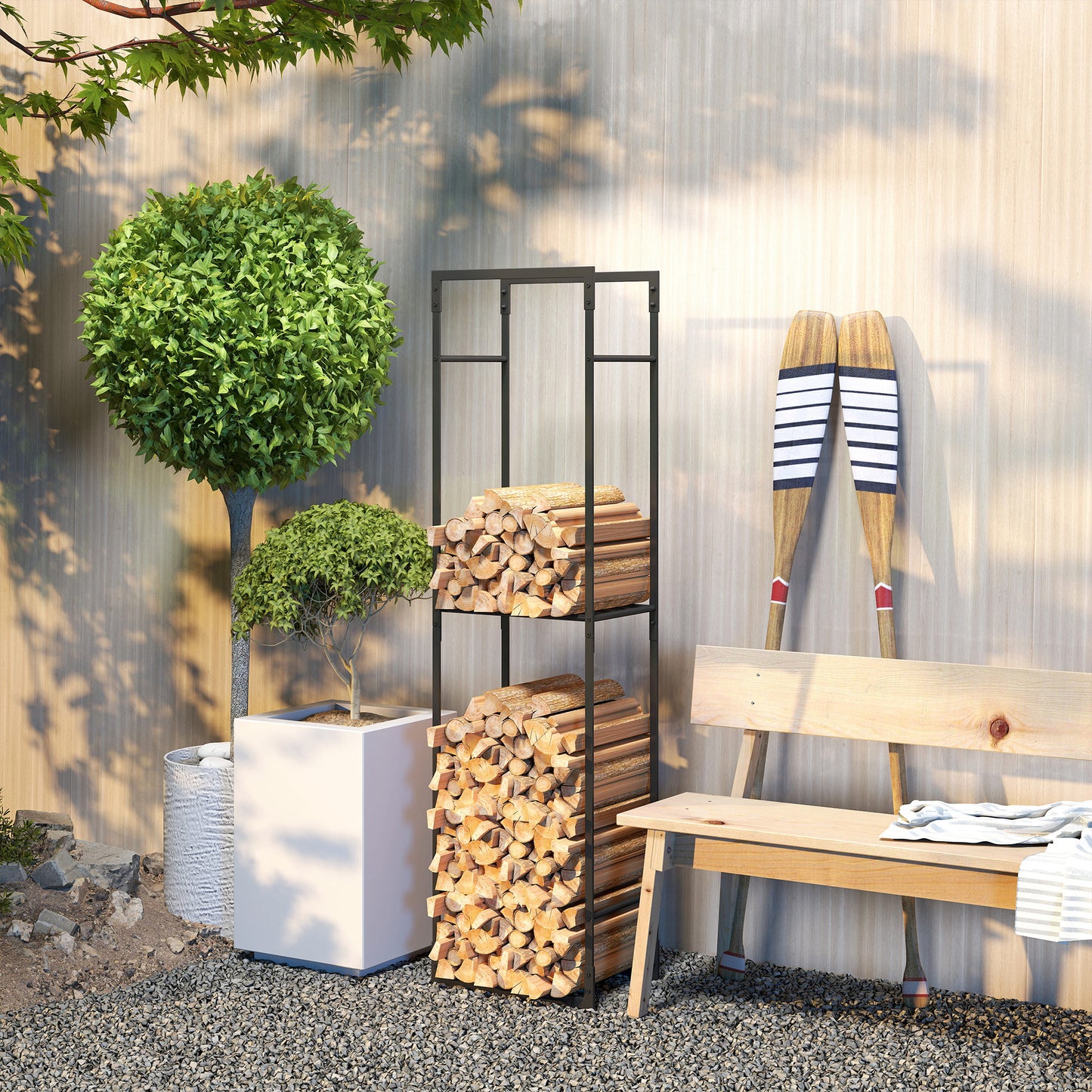 Outsunny Metal Firewood Log Holder, Heavy Duty Rack with Adjustable Shelf for Indoor/Outdoor, 45x31x170 cm, Black