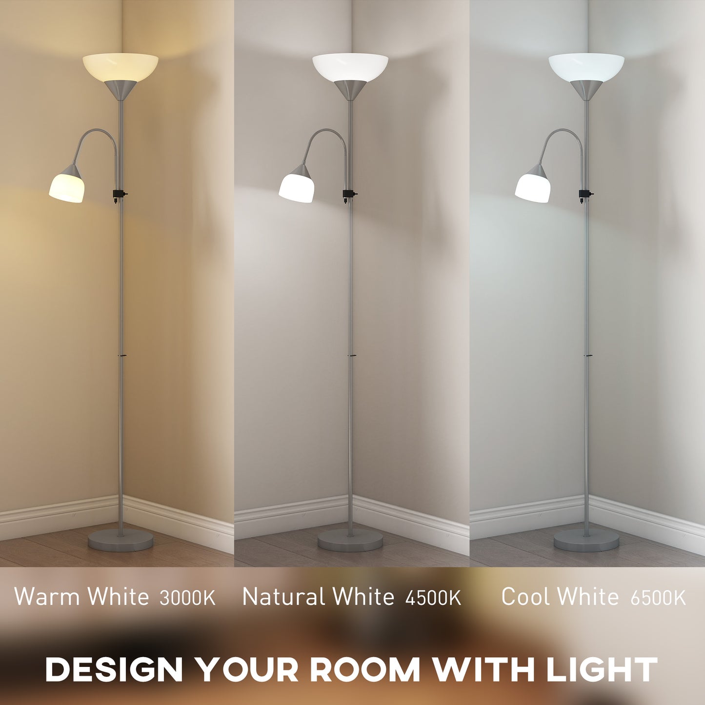 HOMCOM LED Floor Lamp, 180cm Tall with Adjustable Gooseneck, 3000K/4500K/6500K Colour Temps, Mother & Child Uplighter, Silver Tone