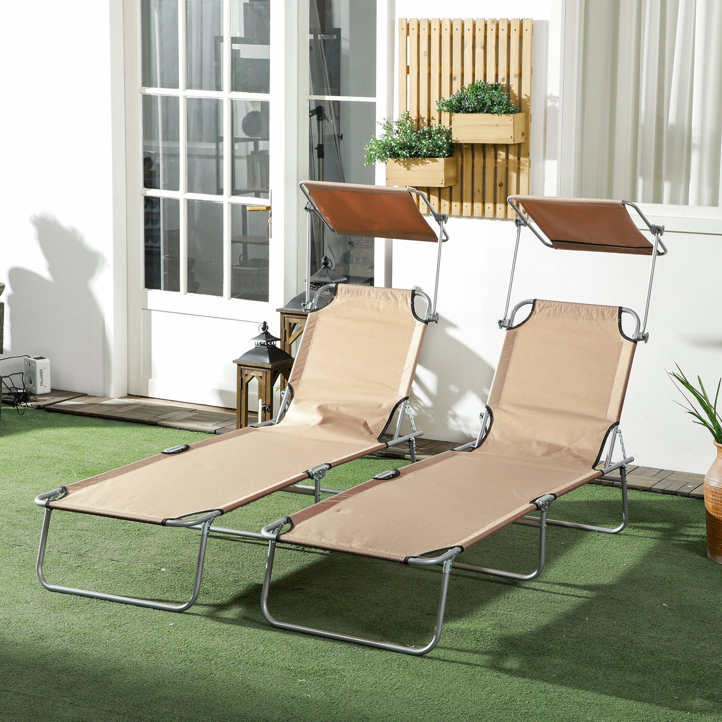 Outsunny 2-Piece Foldable Sun Lounger Set with Shade - Brown