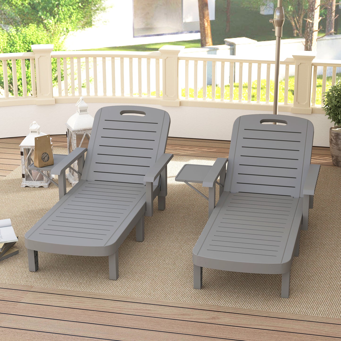 Outsunny Set of 2 Resin Reclining Sun Loungers, 5 Positions Adjustable Chaise Lounge with Armrests, Foldable Side Table, Dark Grey