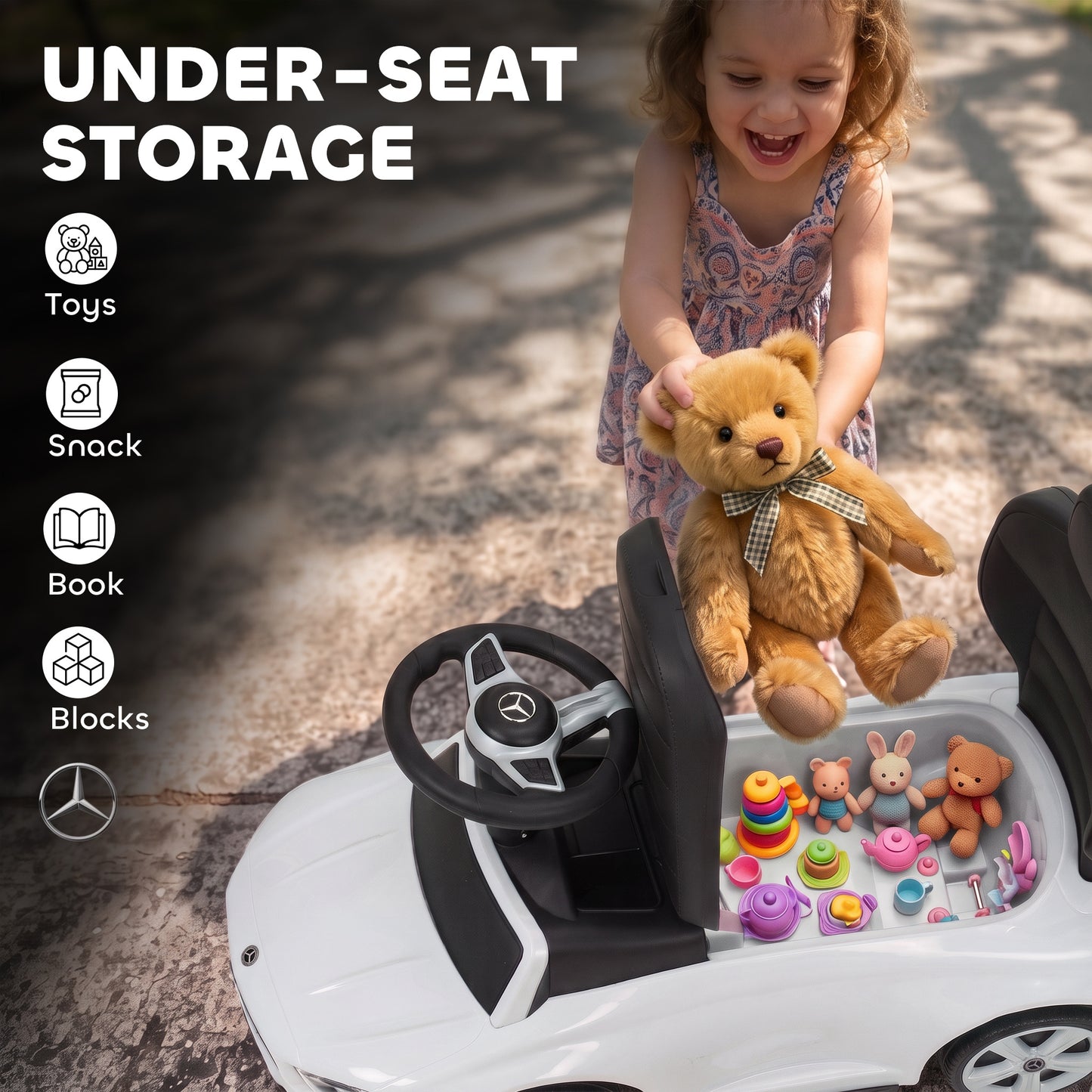 AIYAPLAY 4 in 1 Licensed Benz Ride on Push Car with Handle, Canopy, Guardrails, Horn, Music, Storage for 12-36 Months, White