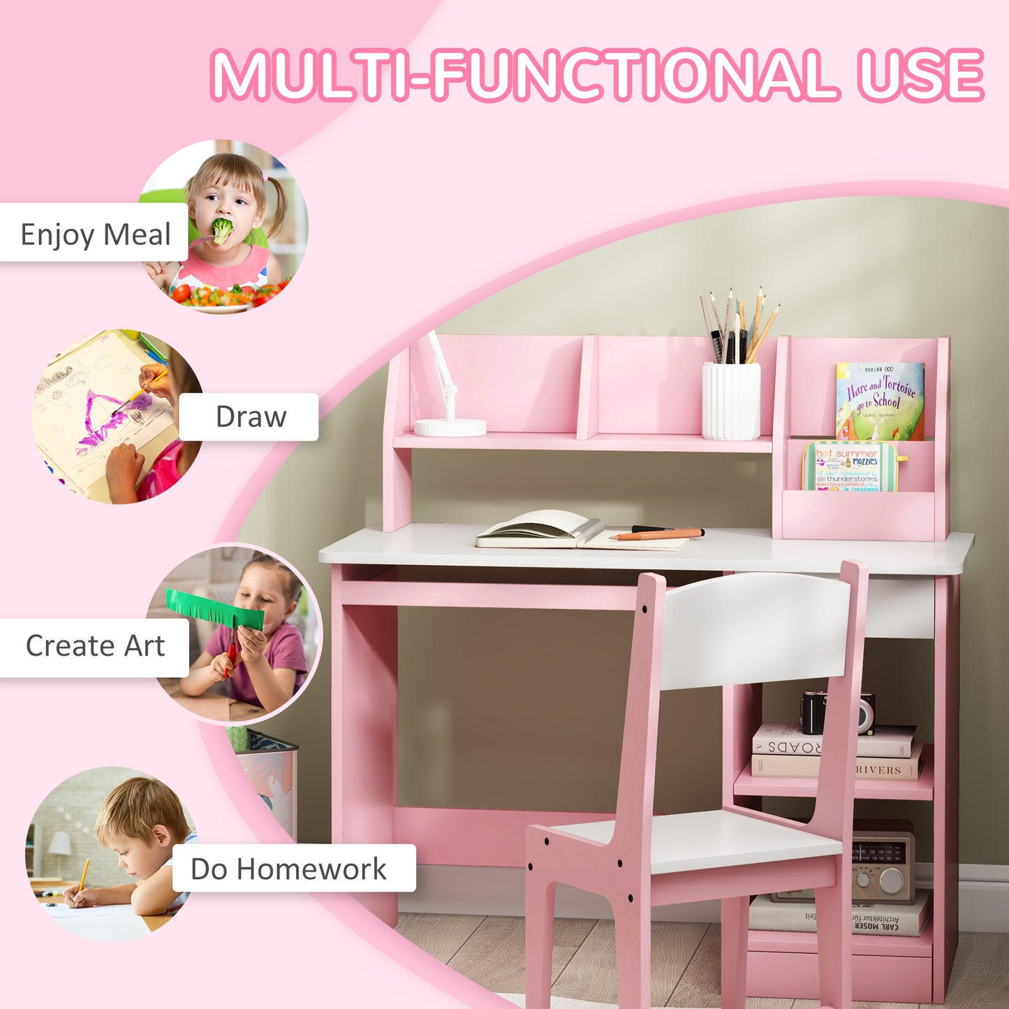 ZONEKIZ Two-Piece Kids Desk and Chair Set with Storage for Ages 5-8 Years - Pink