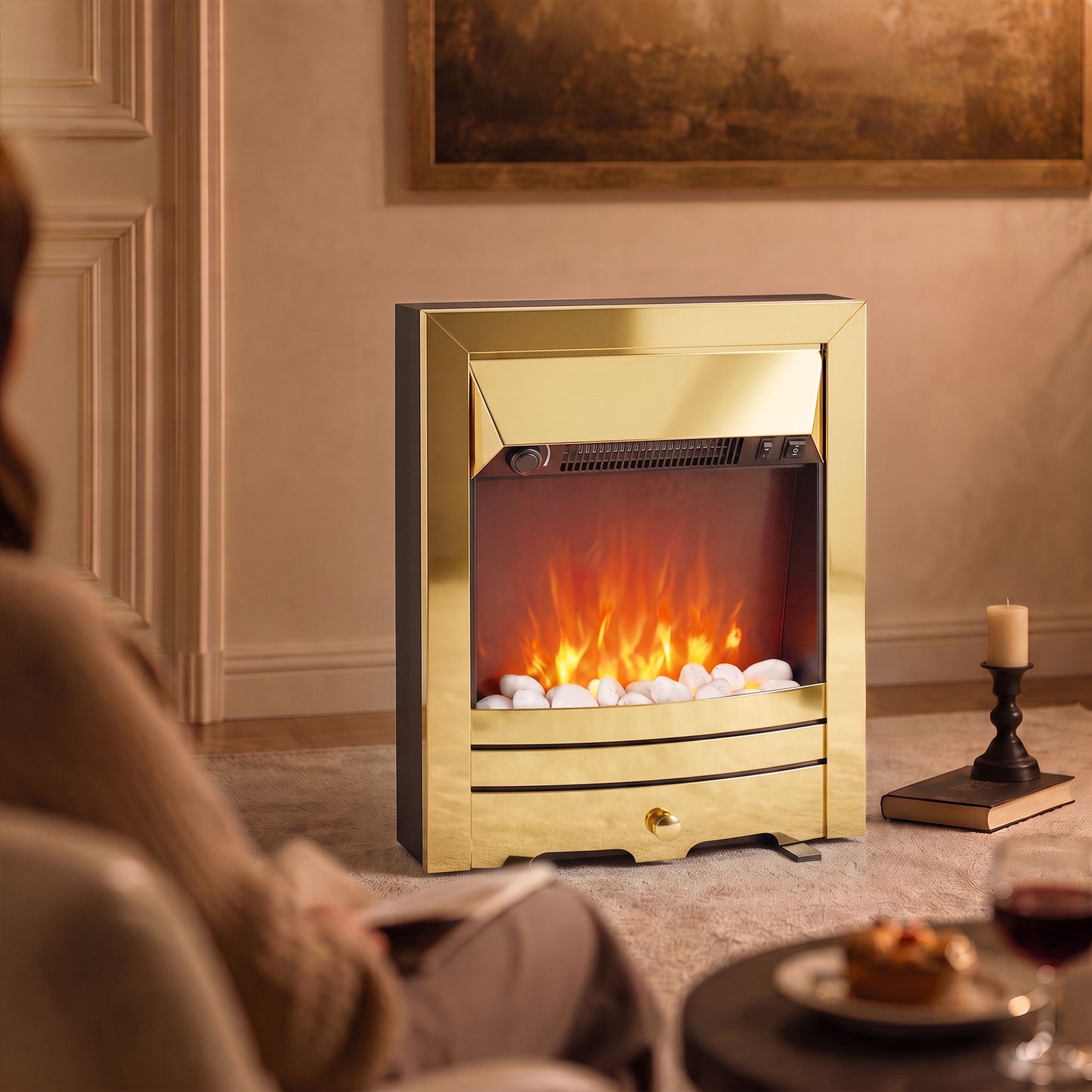 HOMCOM Electric Fireplace Stove Freestanding/Inset, 2000W, Electric Fire with LED Flame, Pebbles, Adjustable Thermostat, Gold