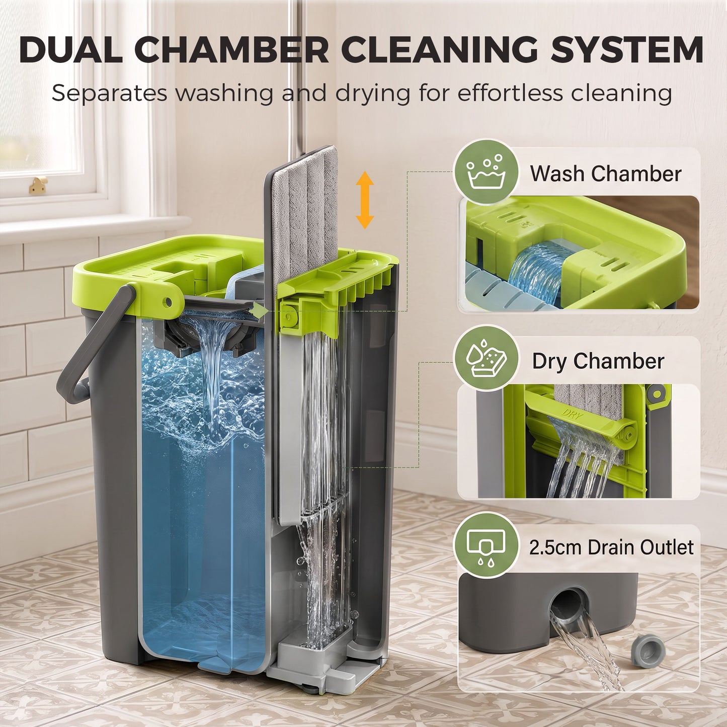 HOMCOM Mop and Bucket with Wringer Set, Flat Mop and Bucket with 2 Chambers, Rotating Head, Wet and Dry Use, Dark Grey