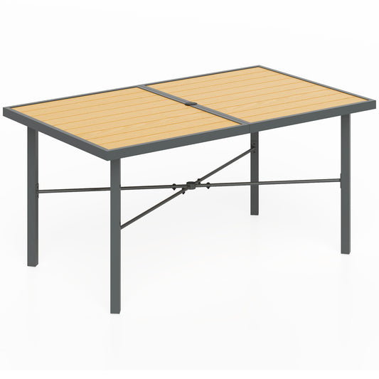 Outsunny Garden Table for 6, Outdoor Dining Table, Wood Effect Top, Rust Resistant Frame, 5cm Umbrella Hole, 150 x 90 cm, for Patio, Balcony, Terrace