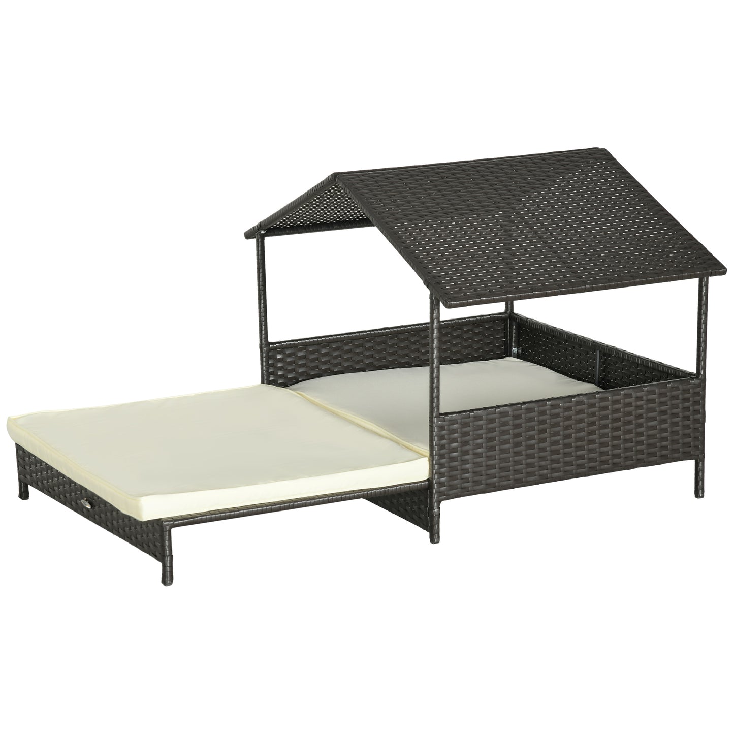 PawHut Extendable Elevated Dog Bed Rattan Dog House with Water-Resistant Roof Removable Cushion for Small Medium Dogs