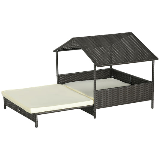 PawHut Extendable Elevated Dog Bed Rattan Dog House with Water-Resistant Roof Removable Cushion for Small Medium Dogs