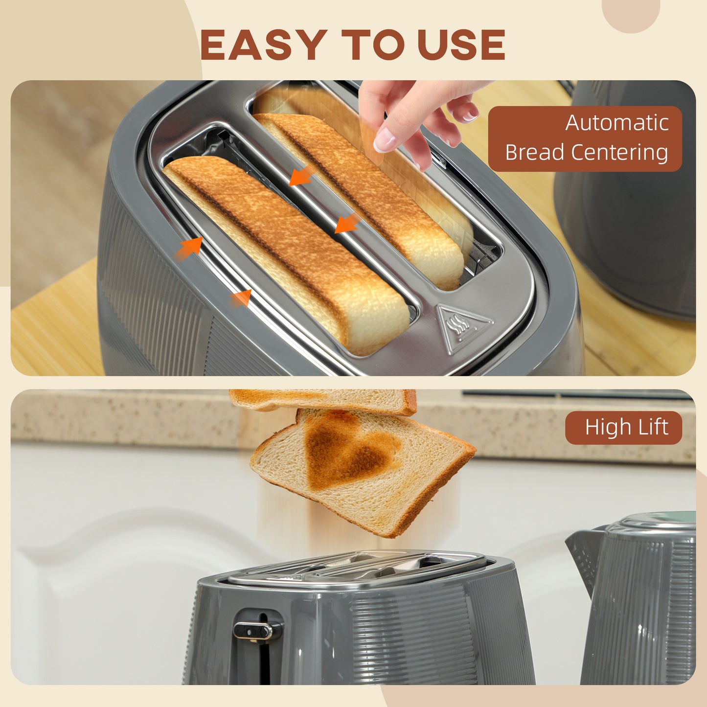 HOMCOM Kettle & Toaster Set, 1.7L Fast Boil Kettle & 2 Slice Toaster with 7 Levels, Grey