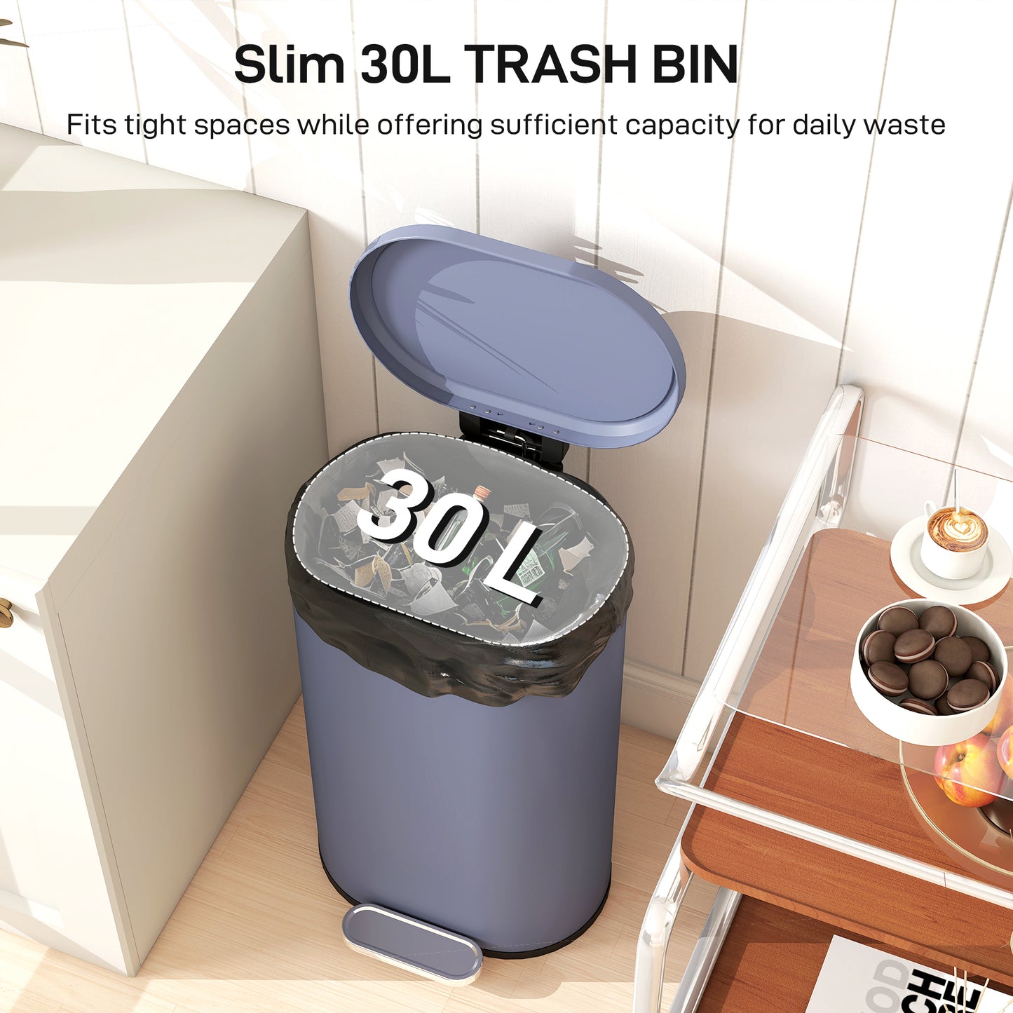 HOMCOM 30L Kitchen Bin, Slim Pedal Bin with 90° Stay-Open & Soft-Close Lid, Removable Inner Bucket, Fingerprint-Resistant, Grey
