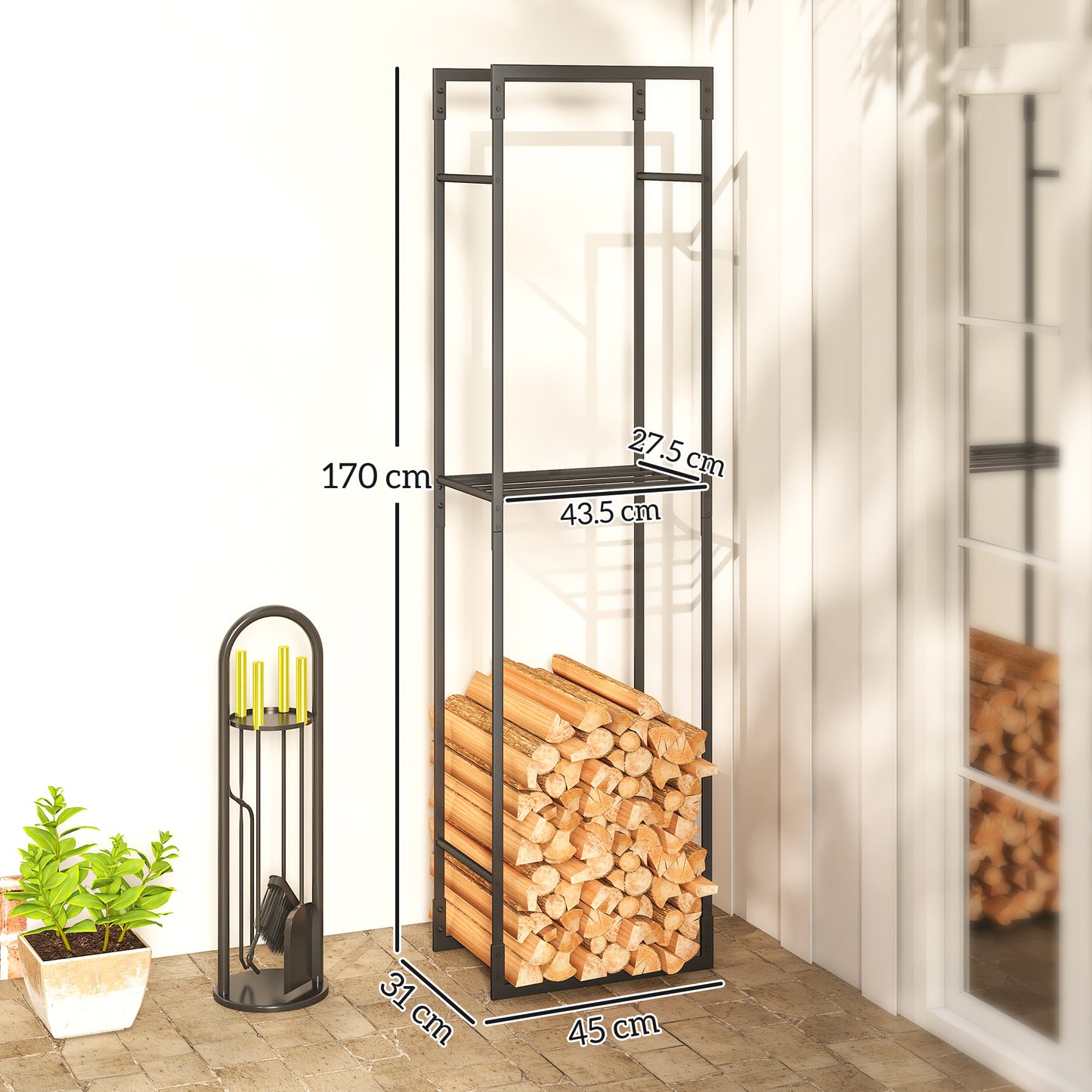 Outsunny Metal Firewood Log Holder, Heavy Duty Rack with Adjustable Shelf for Indoor/Outdoor, 45x31x170 cm, Black