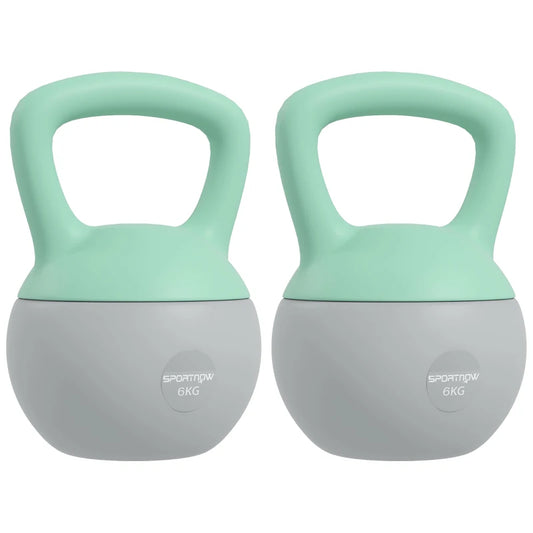 SPORTNOW 2 x 6kg Soft Kettlebell, Kettle Bell with Non-Slip Handle, for Home Gym, Strength Training, Cardio - Grey and Green