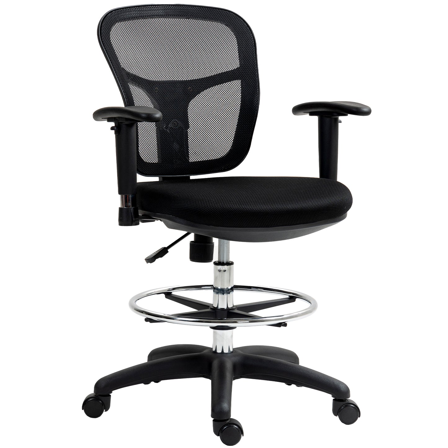 HOMCOM Drafting Chair with Adjustable Armrests, Ergonomic Mesh Back, Lumbar Support, Height & Footrest Adjustments for Standing Desk, Black