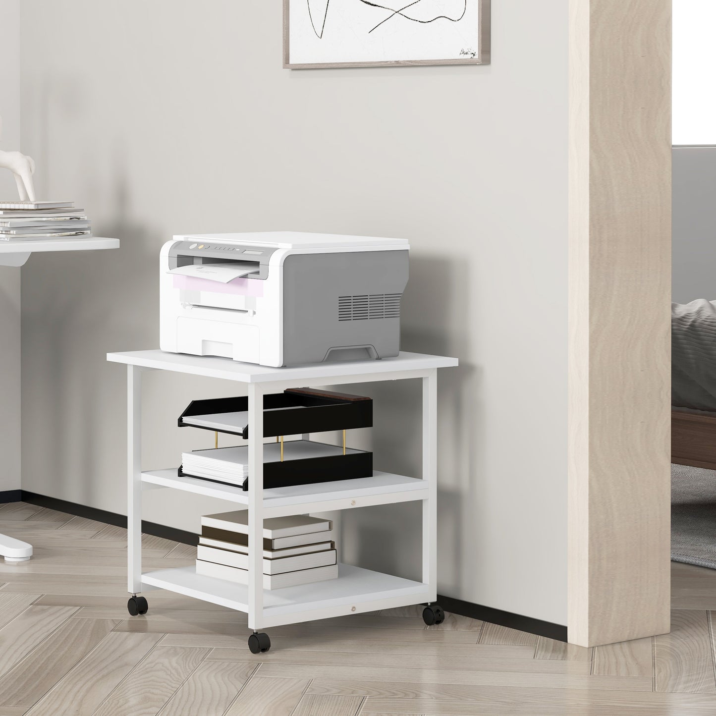 HOMCOM 3-Tier Mobile Printer Stand on Wheels - White