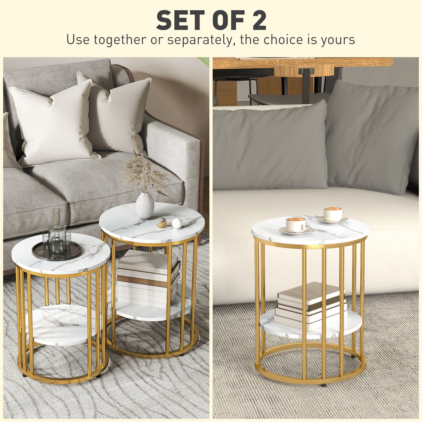 HOMCOM Set of Two Marble-Effect Coffee Tables - White/Gold-Tone