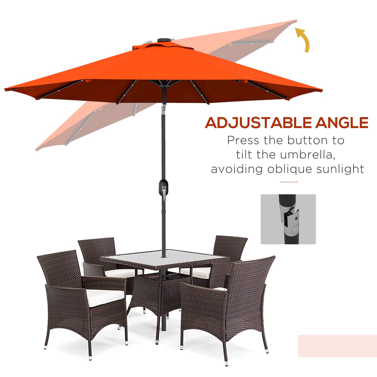 Outsunny 2.7m Outdoor Patio Garden Umbrella Parasol with Tilt Crank and 24 LEDs Lights Orange