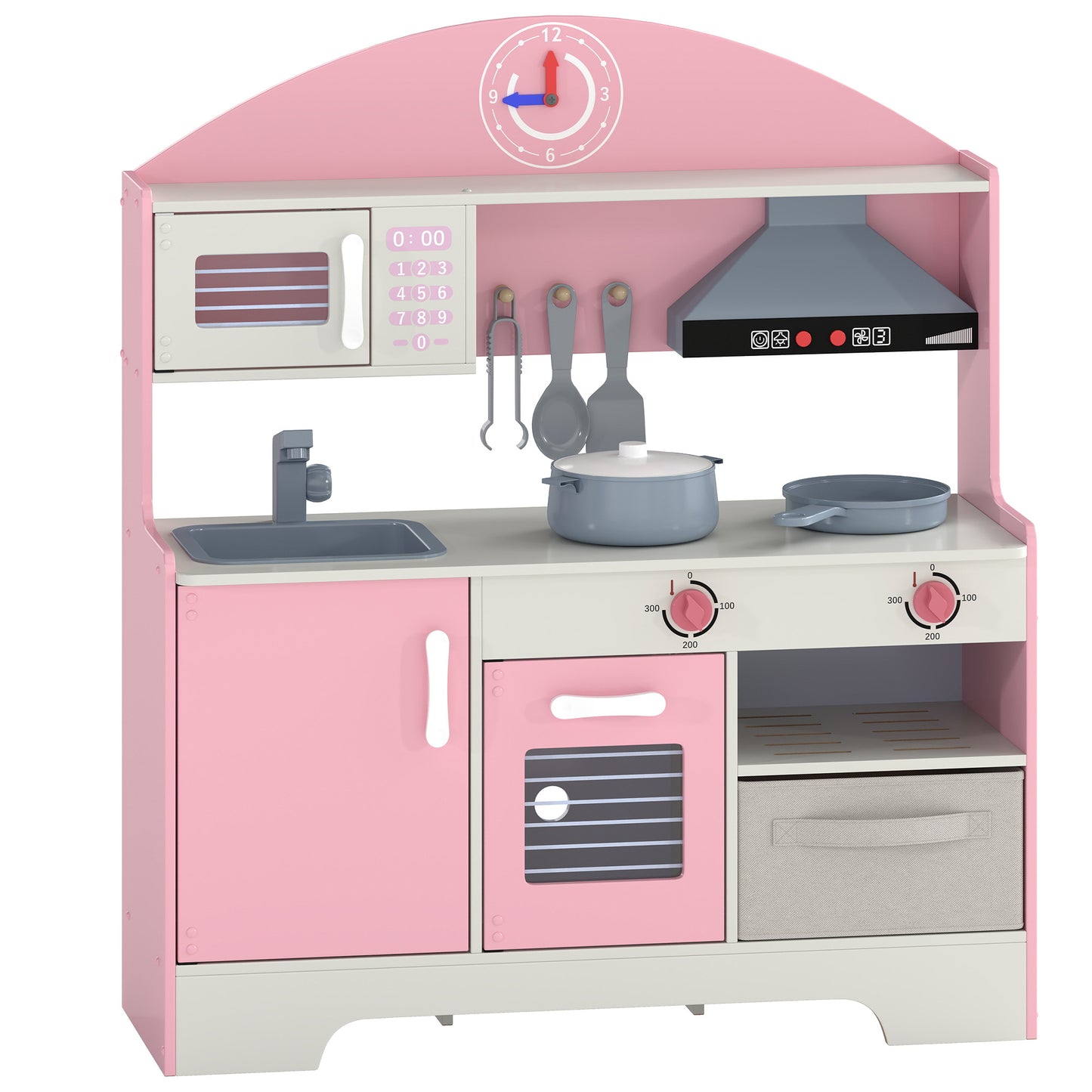 AIYAPLAY Kids Play Kitchen with Lights & Sounds, Pretend Play Toy set with Fabric Drawer, 5-Piece Accessories for 3-6 Years, Pink