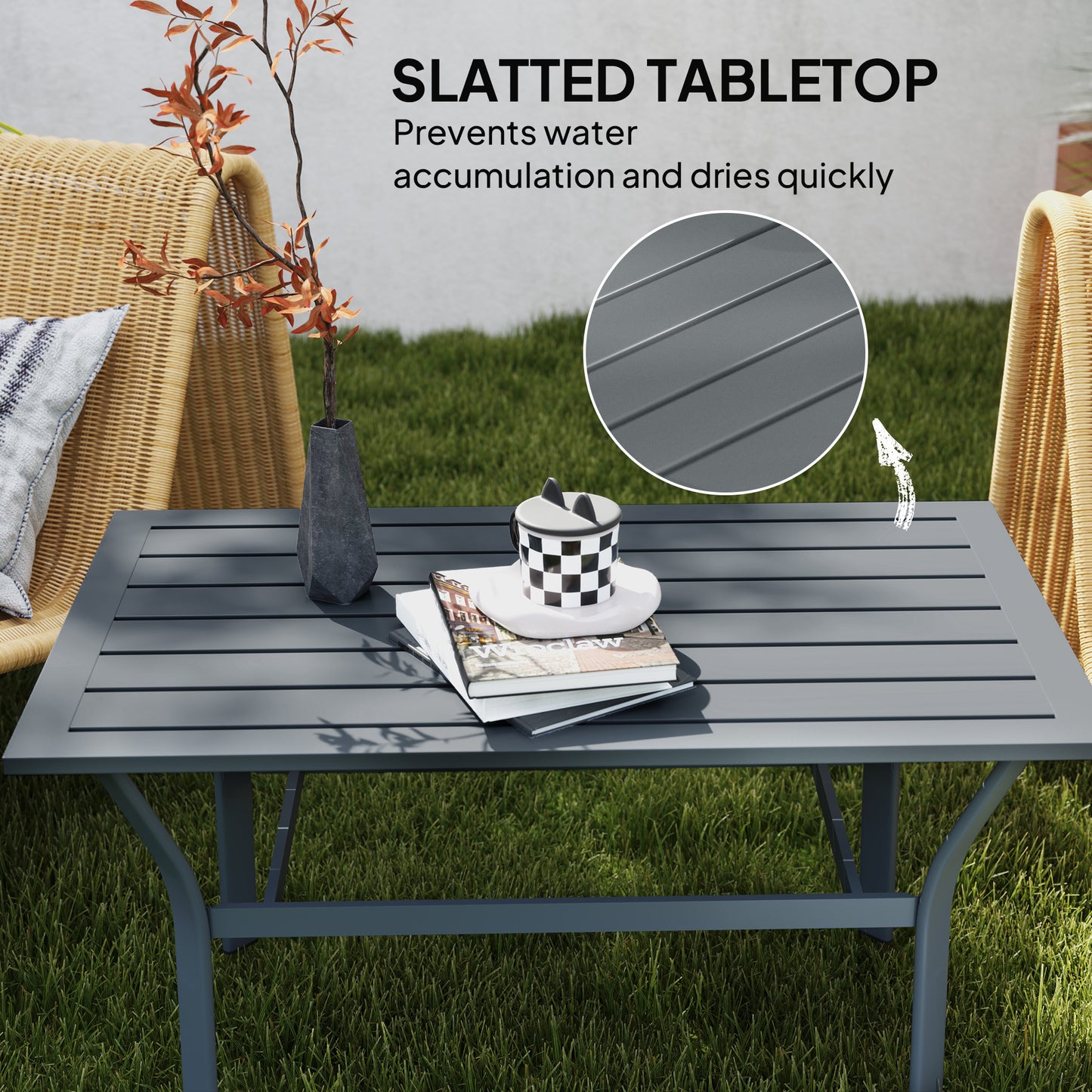 Outsunny Metal Garden Coffee Table, Rectangular Outdoor Side Table with Slatted Top, Foot Pads, 91.5x55x45cm, Dark Grey