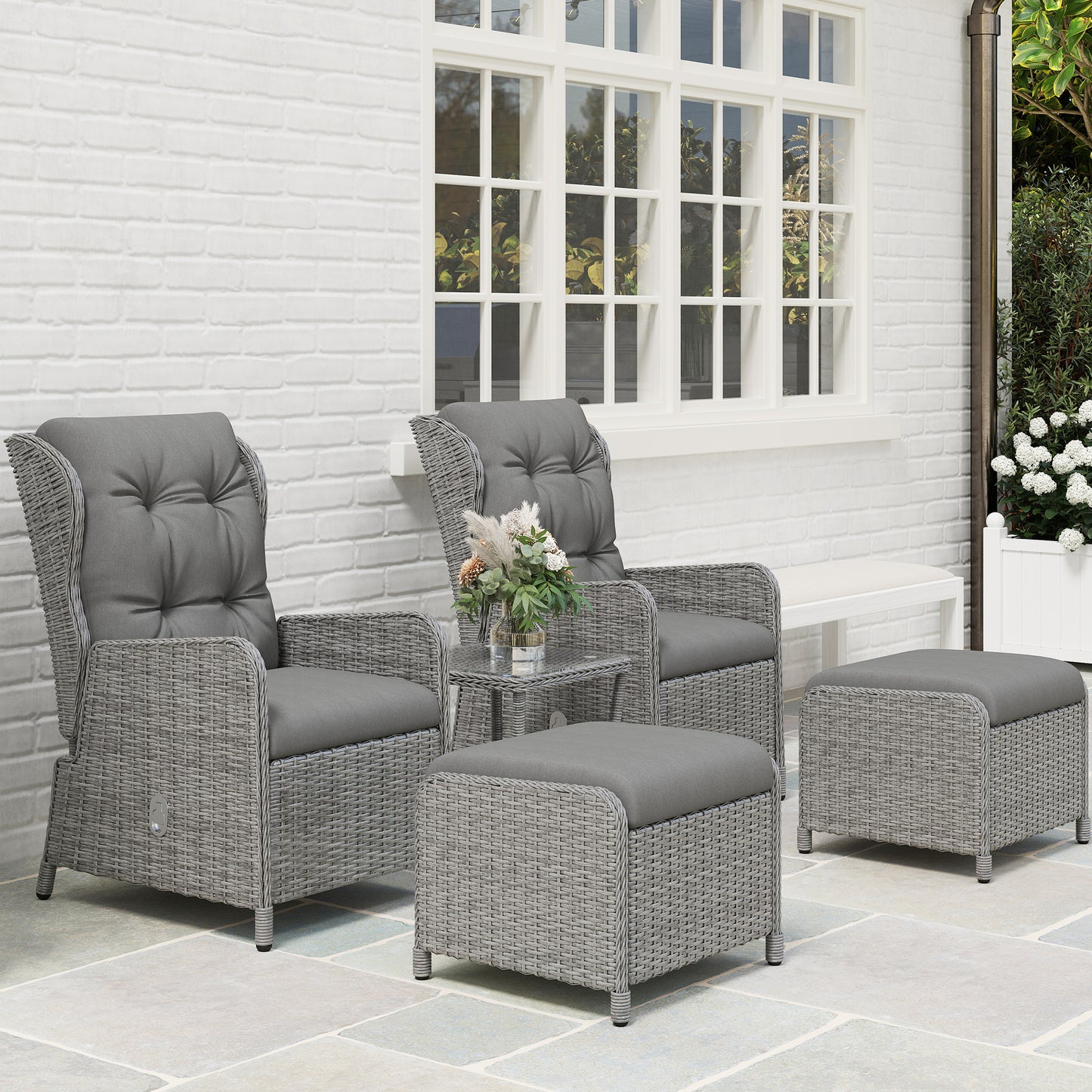 Outsunny 5pc Rattan Bistro Set: Reclining Wicker Furniture with Cushions, Glass Table & Footstools, Light Grey