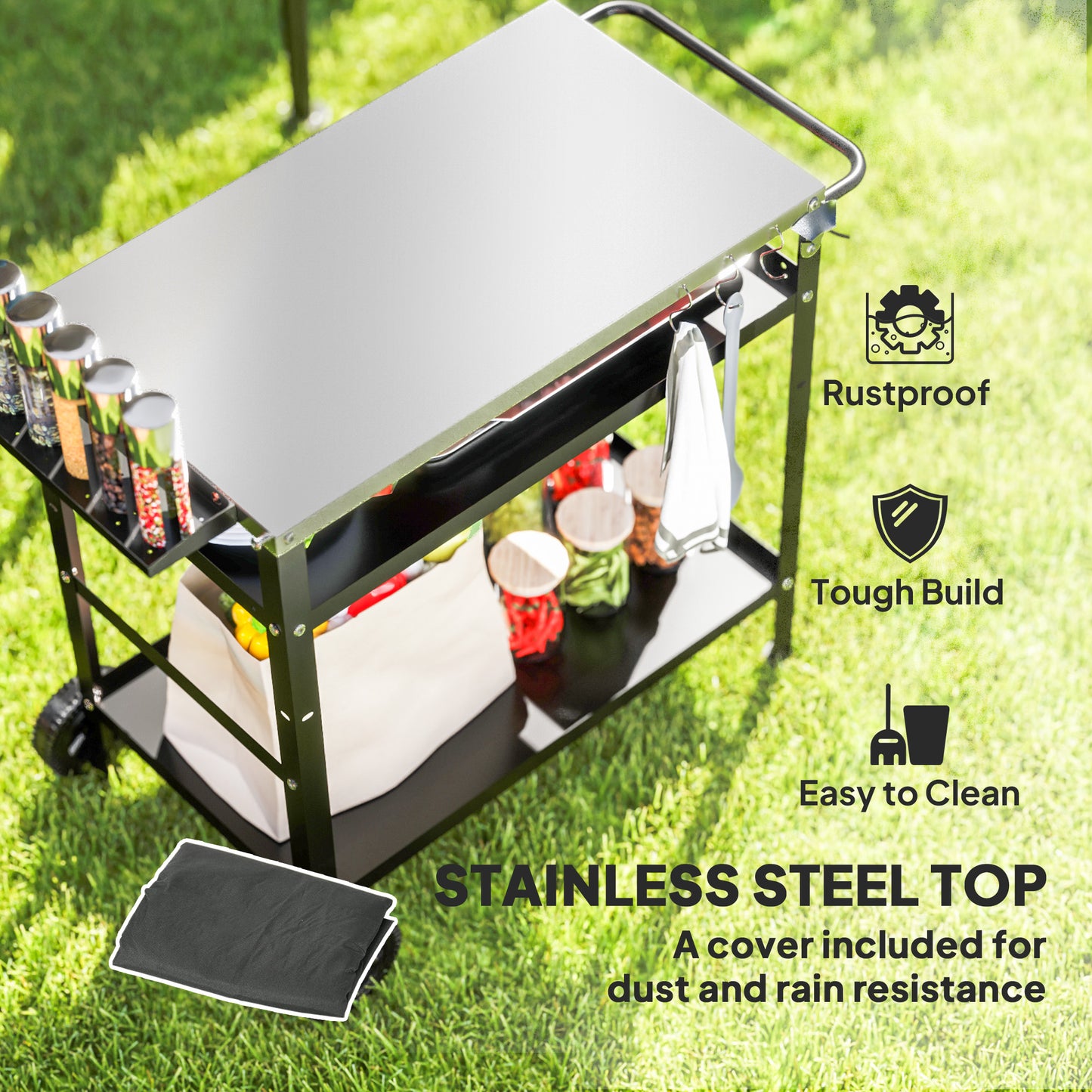 Outsunny BBQ Trolley, Stainless Steel Top, Adjustable Shelf, Hooks, Tray, Towel Rack, Pizza Oven Table, Movable Grill Cart with Cover, Black